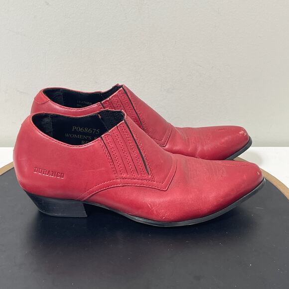 Durango Red Leather Western Shoes‎ Women 8.5M Pointed Toe Slip-On Cowgirl Bootie - Picture 1 of 12